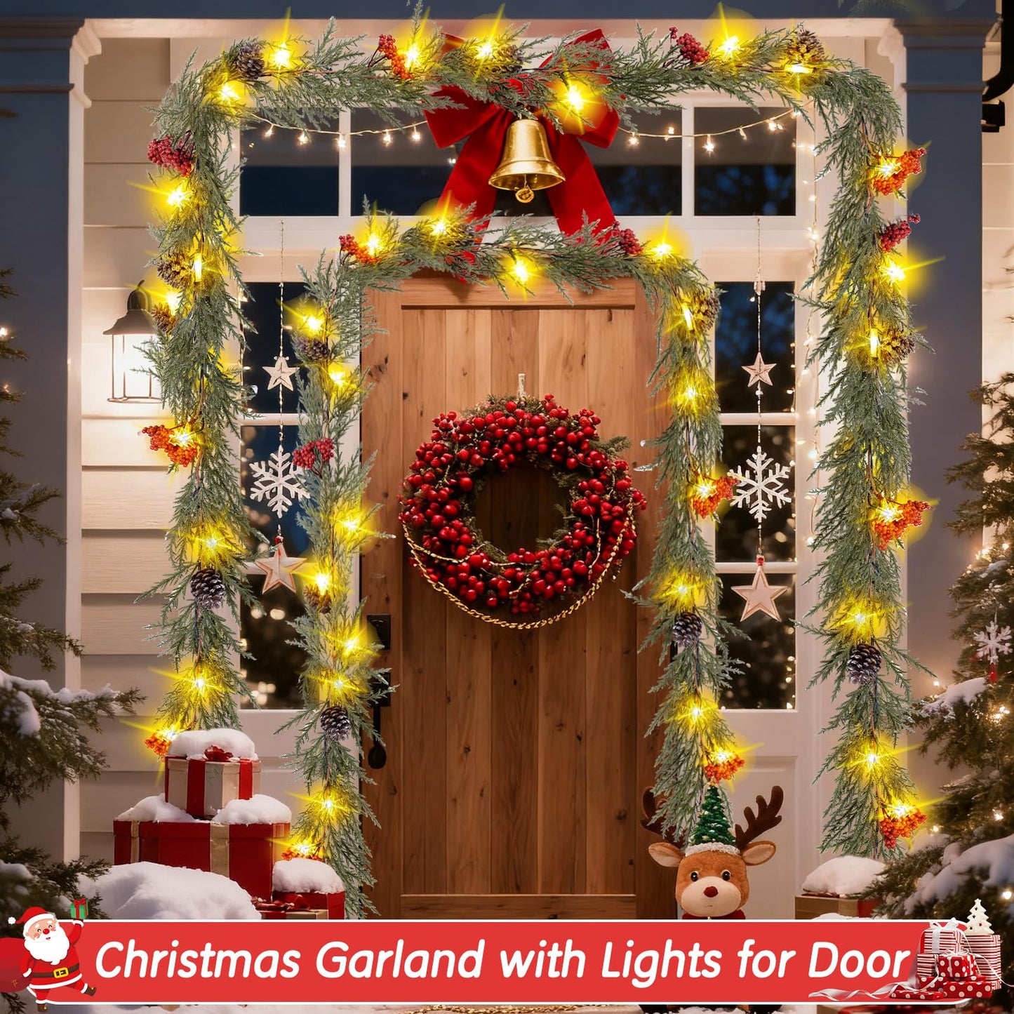HUZIYAHAN Prelit Christmas Garland with Lights 6FT Christmas Tree Lighted Garland Outdoor Indoor Battery Operated Garland for Mantel Table Porch Stair Wall Winter Home Holiday Christmas Decorations