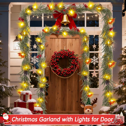 HUZIYAHAN Prelit Christmas Garland with Lights 9FT Christmas Tree Lighted Garland Outdoor Indoor Battery Operated Garland for Mantel Table Porch Stair Wall Winter Home Holiday Christmas Decorations
