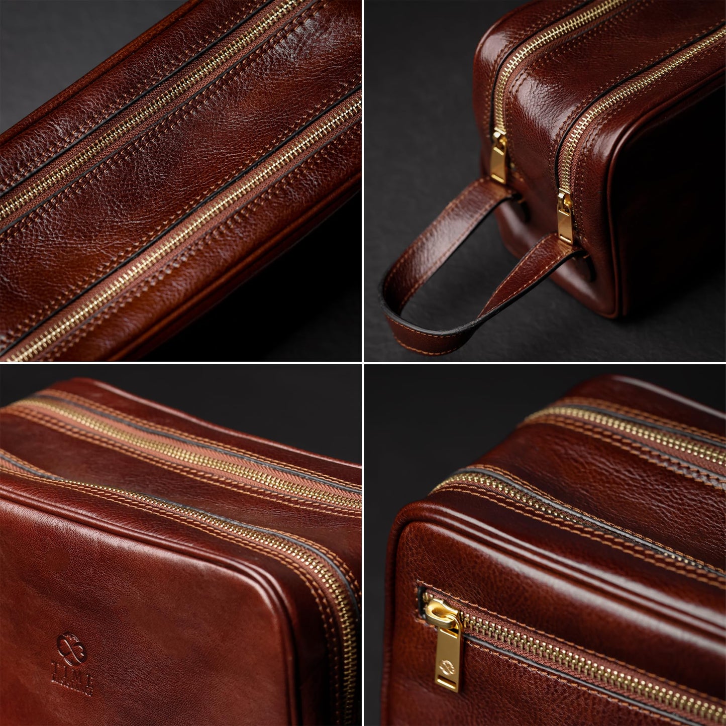 Time Resistance Leather Cosmetic Bag - Italian Toiletry Dopp Kit (Brown)