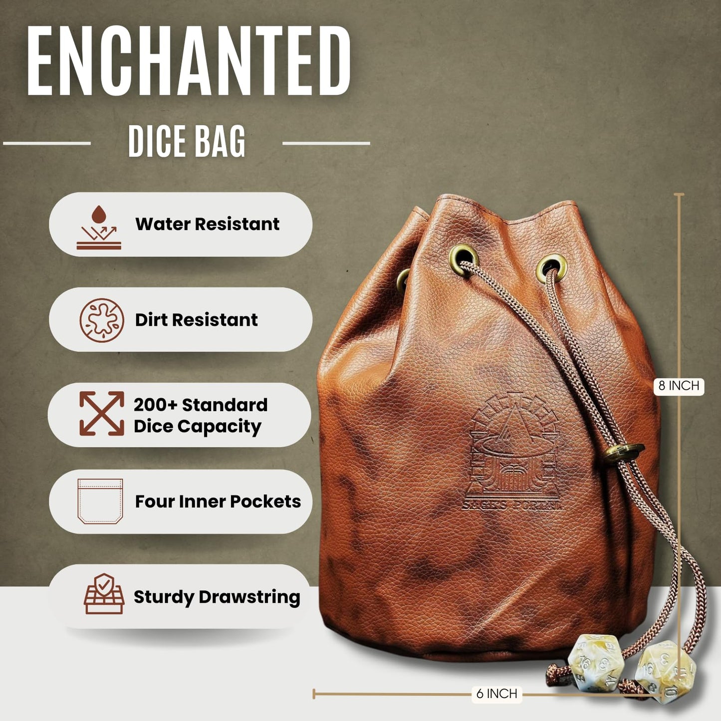Sage's Portal Large DND Dice Bag, Holds 200+ Dice, Velvet-Lined PU Leather Drawstring Pouch with 4 Pockets for Dungeons and Dragons RPG MTG, D&D Gift for Dungeon Masters and Players