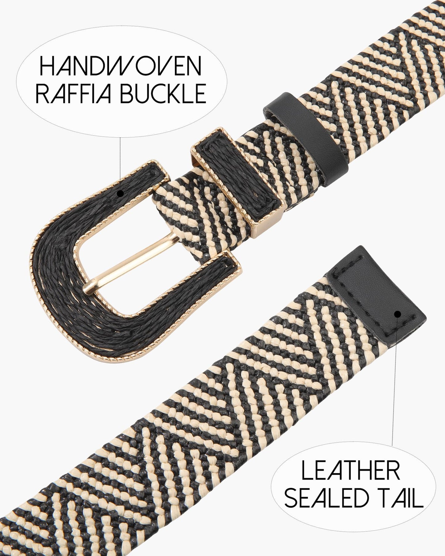 AWAYTR Womens Boho Woven Belt - Easy Care Plastic Elastic Belt with Handmade Raffia Buckle for Daily Vacation Work,Black with Beige Stripes,Fit Waist 31''-36''