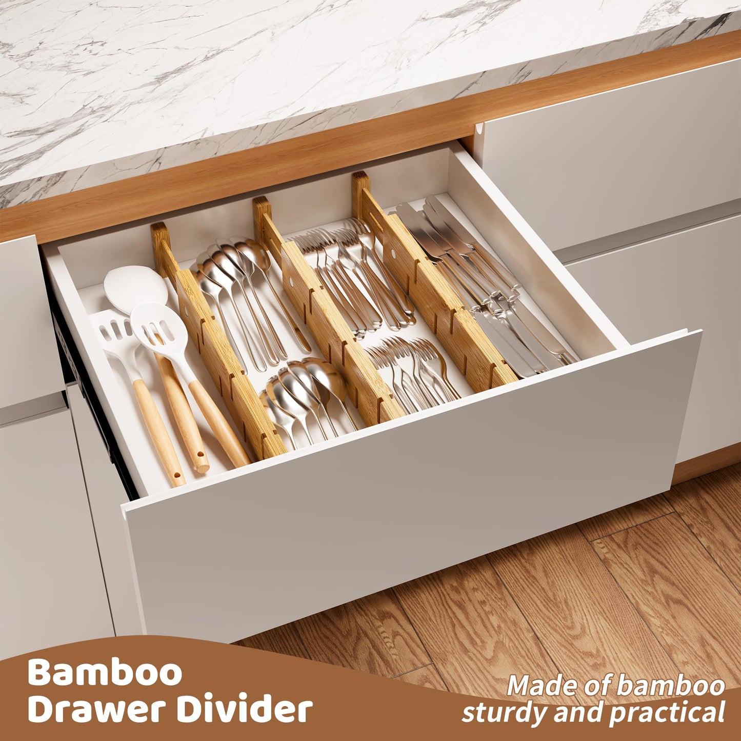 FILWH Bamboo Drawer Dividers with Inserts kitchen drawer organizer Adjustable Expandable 8 Pack Organizer Set for Kitchen Bedroom Bathroom Office 8 Dividers with 16 Inserts (Natural, Small (14-19IN))