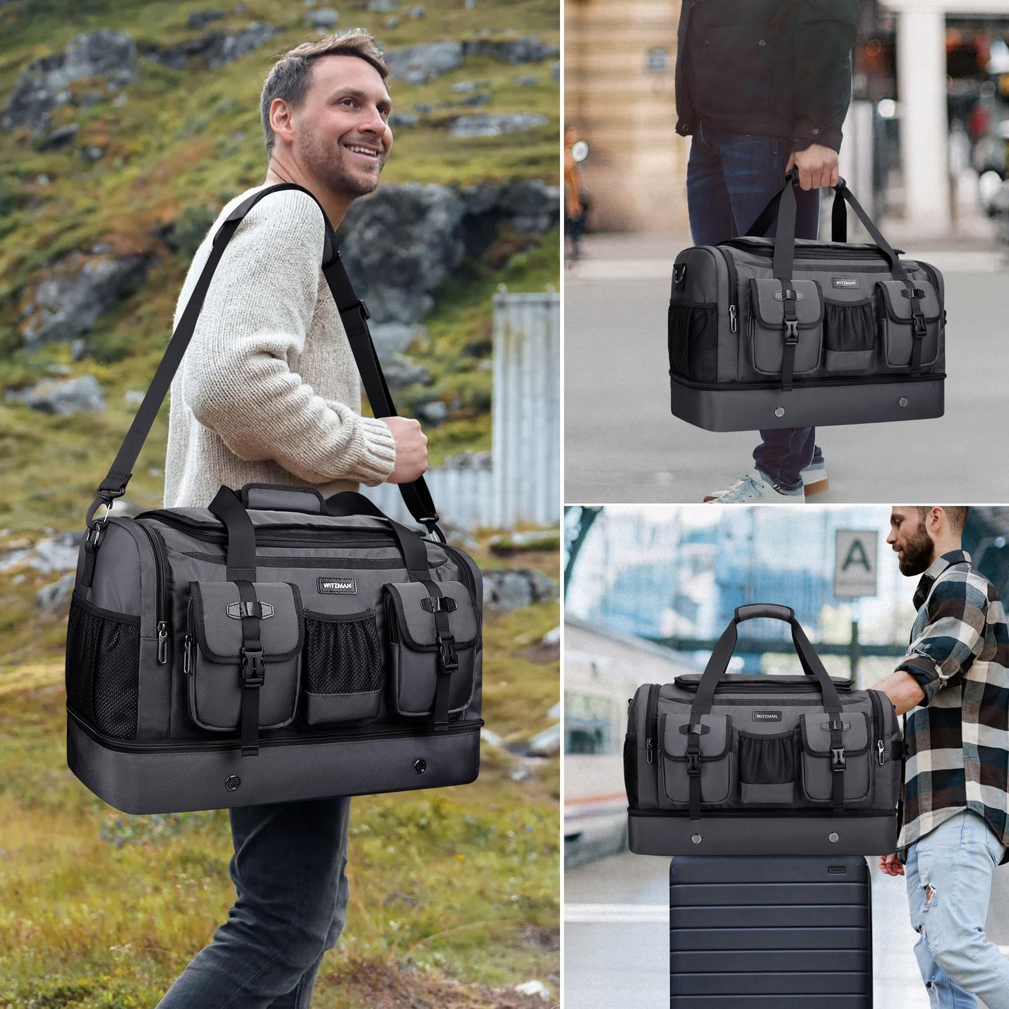 WITZMAN Duffle Bag for Men Large Carry On Travel Mens Weekender Overnight Bags with Shoes Compartment for Sports Gym(B723 Silvery Grey)
