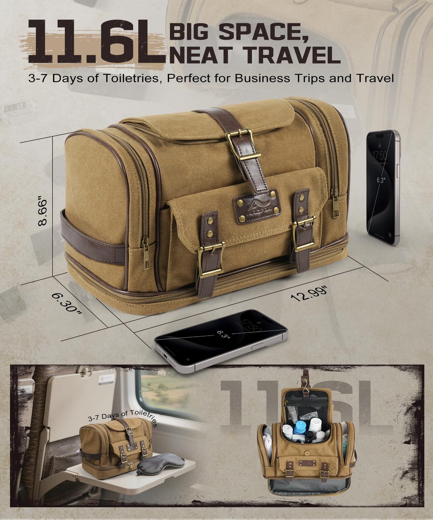 ARCFOX Travel Hanging Toiletry Bag for Men, Vintage Canvas Large Toiletry Bag with 7 Compartments, Camping Gym Travel Toiletry Kit Organizer with PVC Wet & Dry Pockets, Personalized Wash Bag, Brown