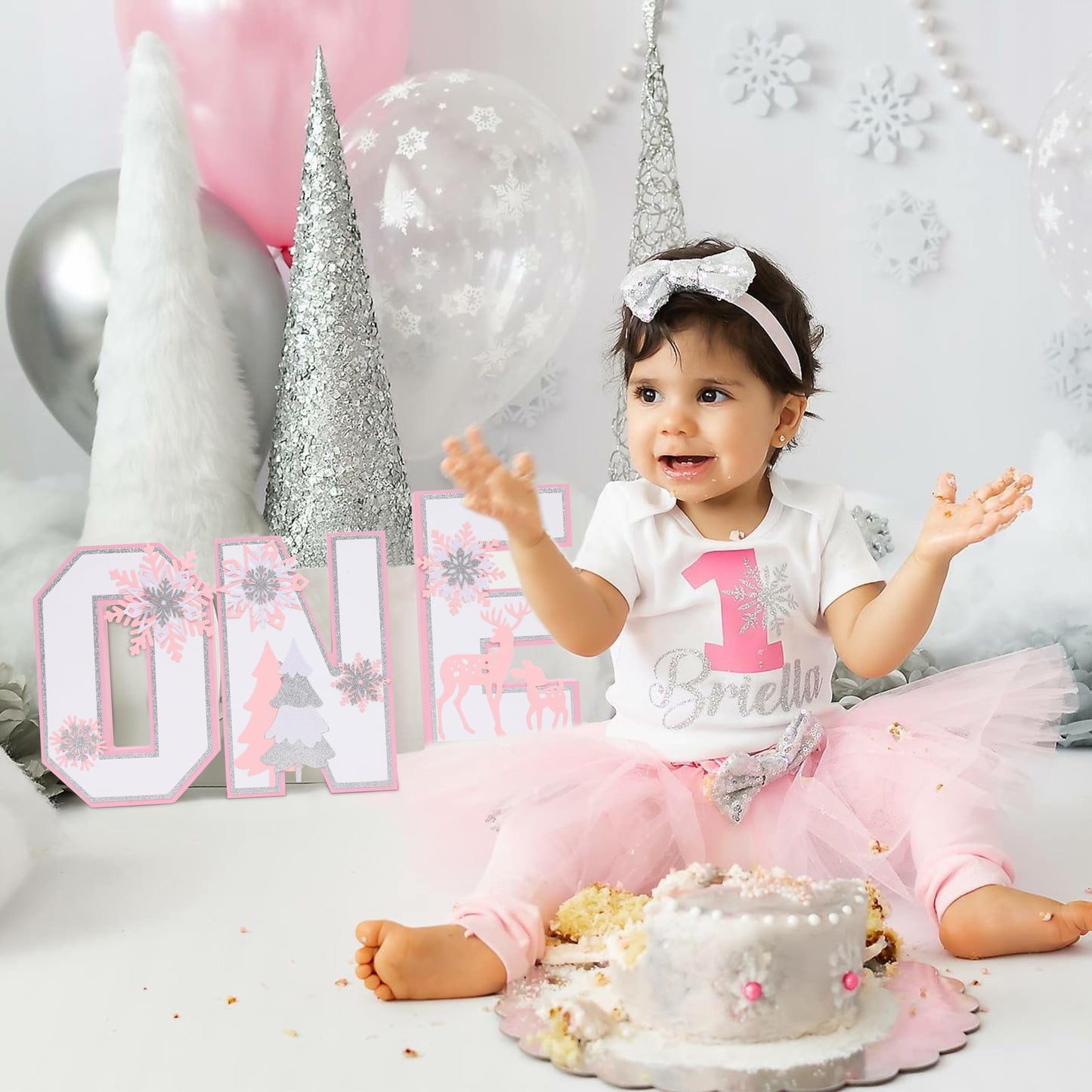 Wooden Snowflakes ONE Decoration - Winter Onederland ONE Sign，Pink Centerpiece Table Decoration, Baby Girl 1st Birthday Party Supplies Photo Prop, Christmas Snowflake Home Decor.