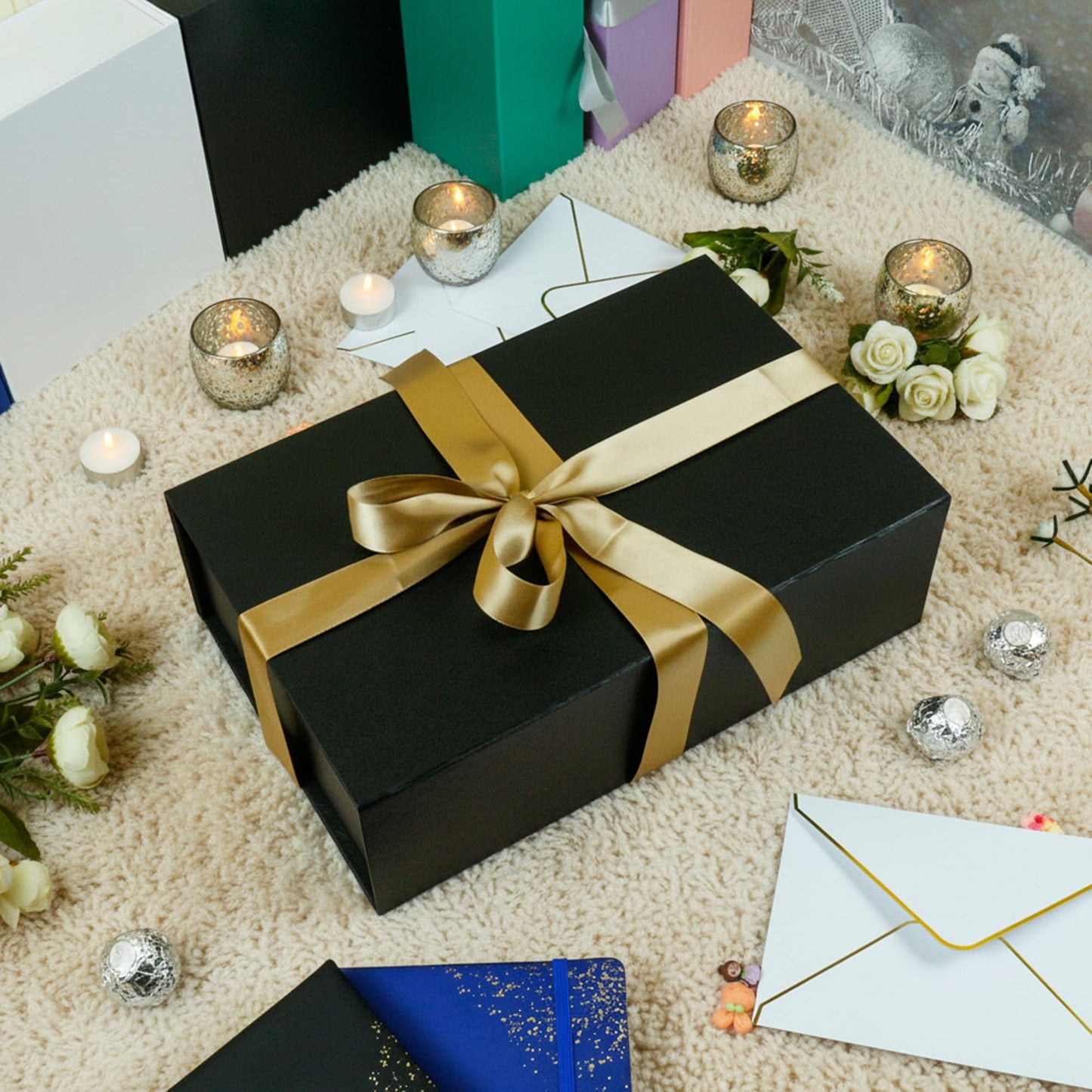 YINUOYOUJIA Large Black Gift Boxes with Lid,14"x9"x4.5" Magnetic Gift Box with Ribbon,Cards and Envelopes for Presents,Great for Wedding,Birthdays,Crafting,Gift Packaging.