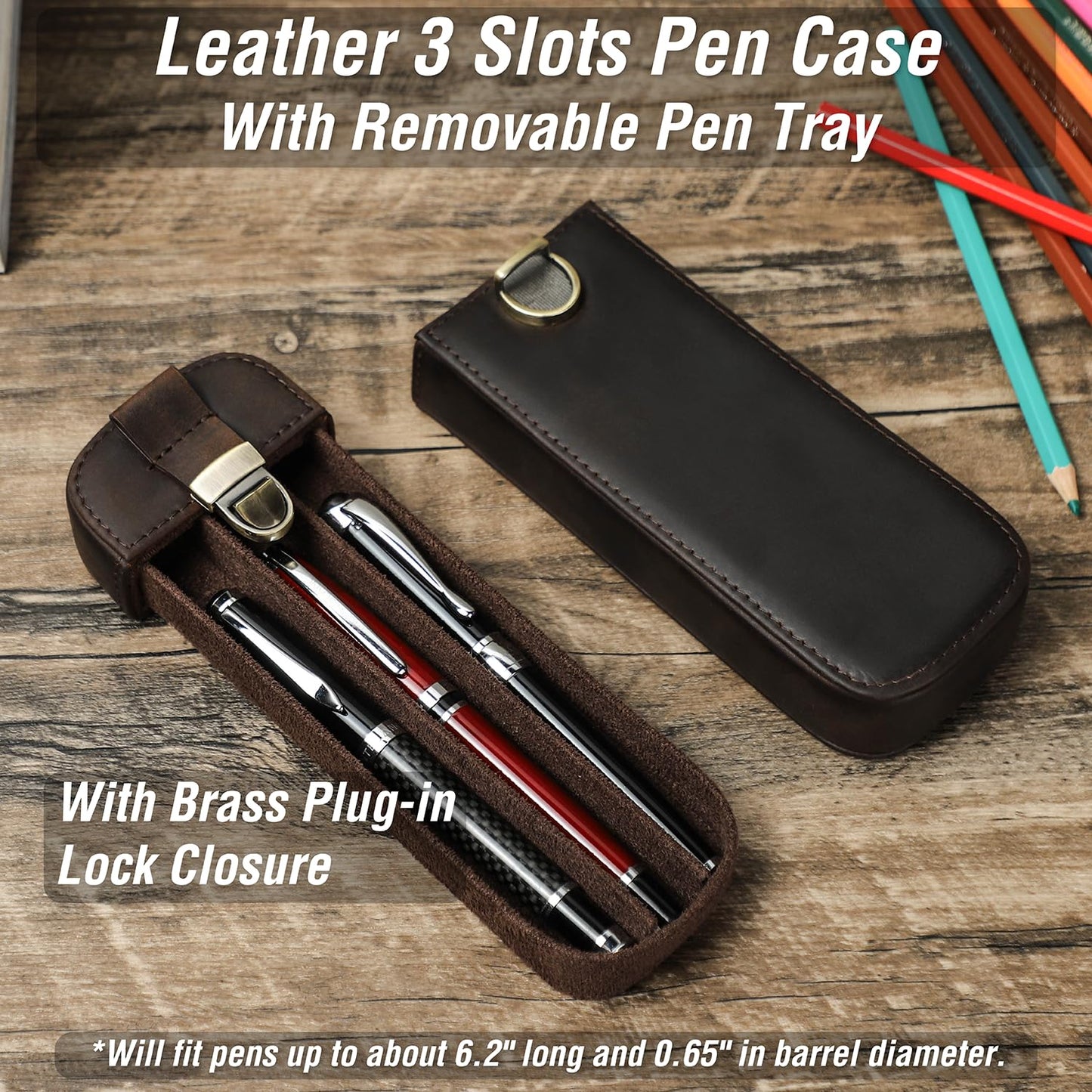 CataPurus Top Grain Genuine Leather 3 Fountain Pen/Pencil Tray Case Holder, Handmade Minimalist Design, Brass Plug-in Lock with Drawer Design, Gift Choice for Man/Woman/Office, Matte Coffee, 3 Slots