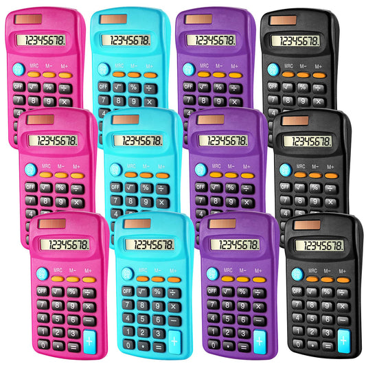 12 Pack Pocket Size Mini Calculator Basic Calculator for Students 8 Digit Display Solar Battery Dual Power Small Desktop Home Office School Students Kids, 4 Colors