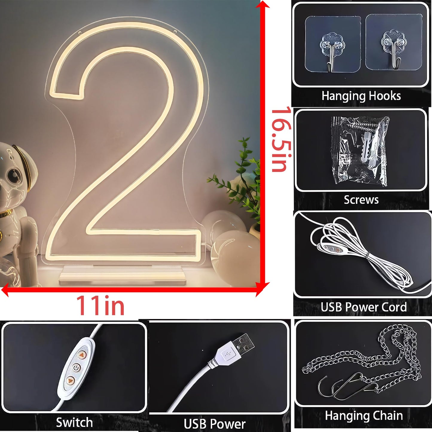 Lovewenying Neon Signs Number 2 Birthdays Decor Neon Lights Party USB Plus Battery Case Light up Your Baby's Birthday with Our Neon Number Two Sign (Number 2-Warm White)