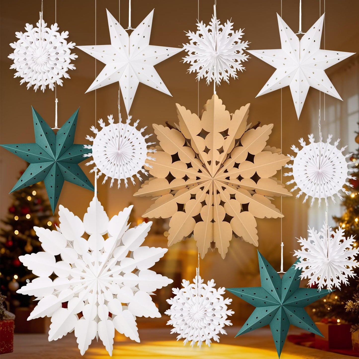 Glooglitter 12 Pcs Paper Star Lantern 3D Christmas Paper Snowflake Lanterns White Hanging Lamp Ornaments for Xmas Tree New Year Holiday Party Decorations (White, Kraft, Green)
