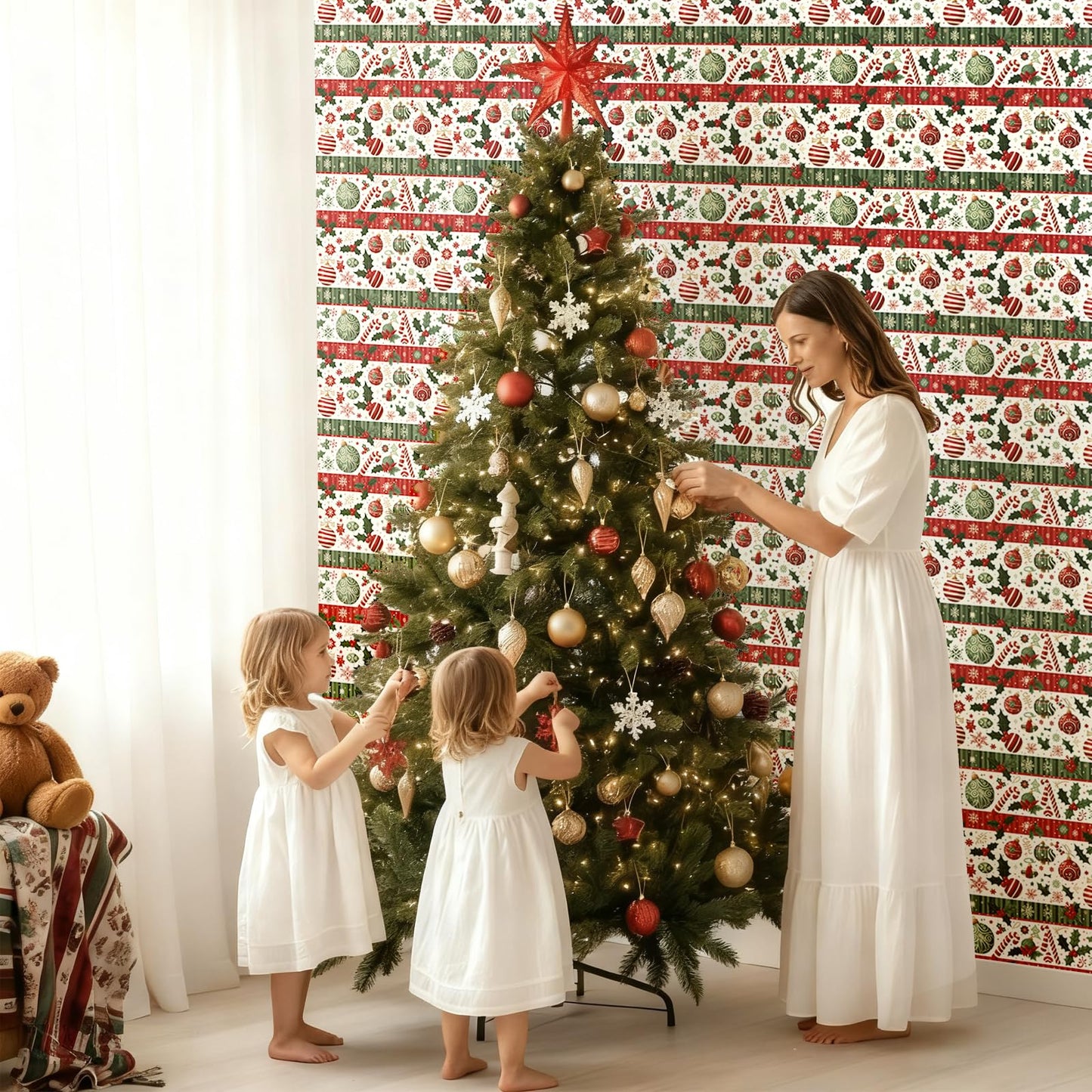 Kitico Christmas Peel and Stick Wallpaper Roll – Self Adhesive Decorative Wall Paper & Christmas Wrapping Paper 17.3"x196.8"