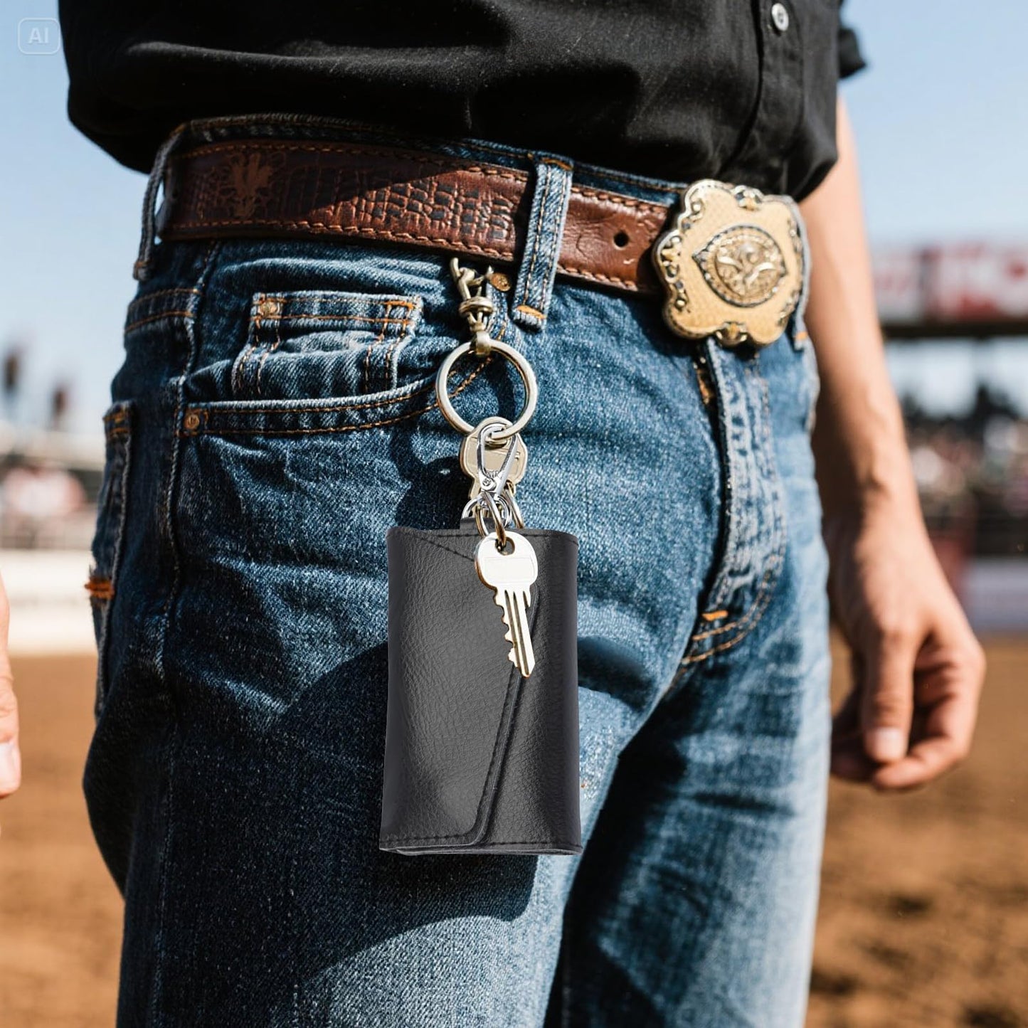 KyeeaDIY Leather Key Case Wallet, Keychain Key Holder with 6 Hanging Buckle Hooks Snap Unisex Coin Pouch Card Holder (Black)