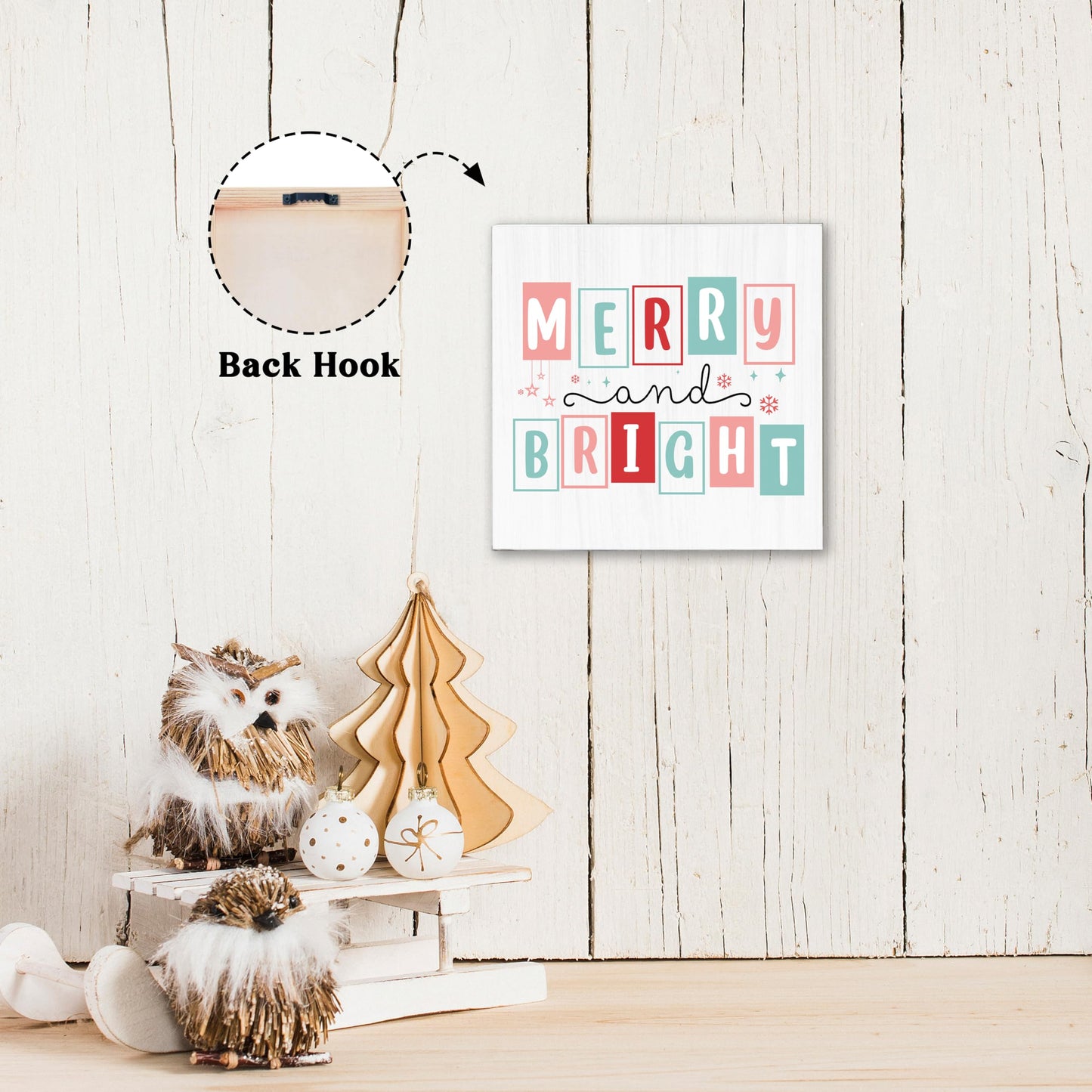 OXRUN Christmas Table Decorations, Merry and Bright Wooden Box Sign Decorative, Xmas Holiday Gifts for Women Men Home Office Shelf Decor 6 x 6 Inches - F09