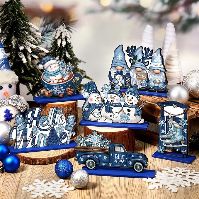 Realspring 6 Pcs Wooden Winter Table Decor Blue Winter Tiered Tray Decor Wood Decorative Gnome Snowman Truck Signs Hello Centerpieces for Kitchen Office Home