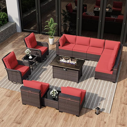 ALAULM 13 Pieces Patio Furniture Set with 2 Swivel Chairs Patio Furniture Outdoor Sectional Sofas with 55000 Gas Fire Pit Patio Conversation Set w/10 Cushions-Red
