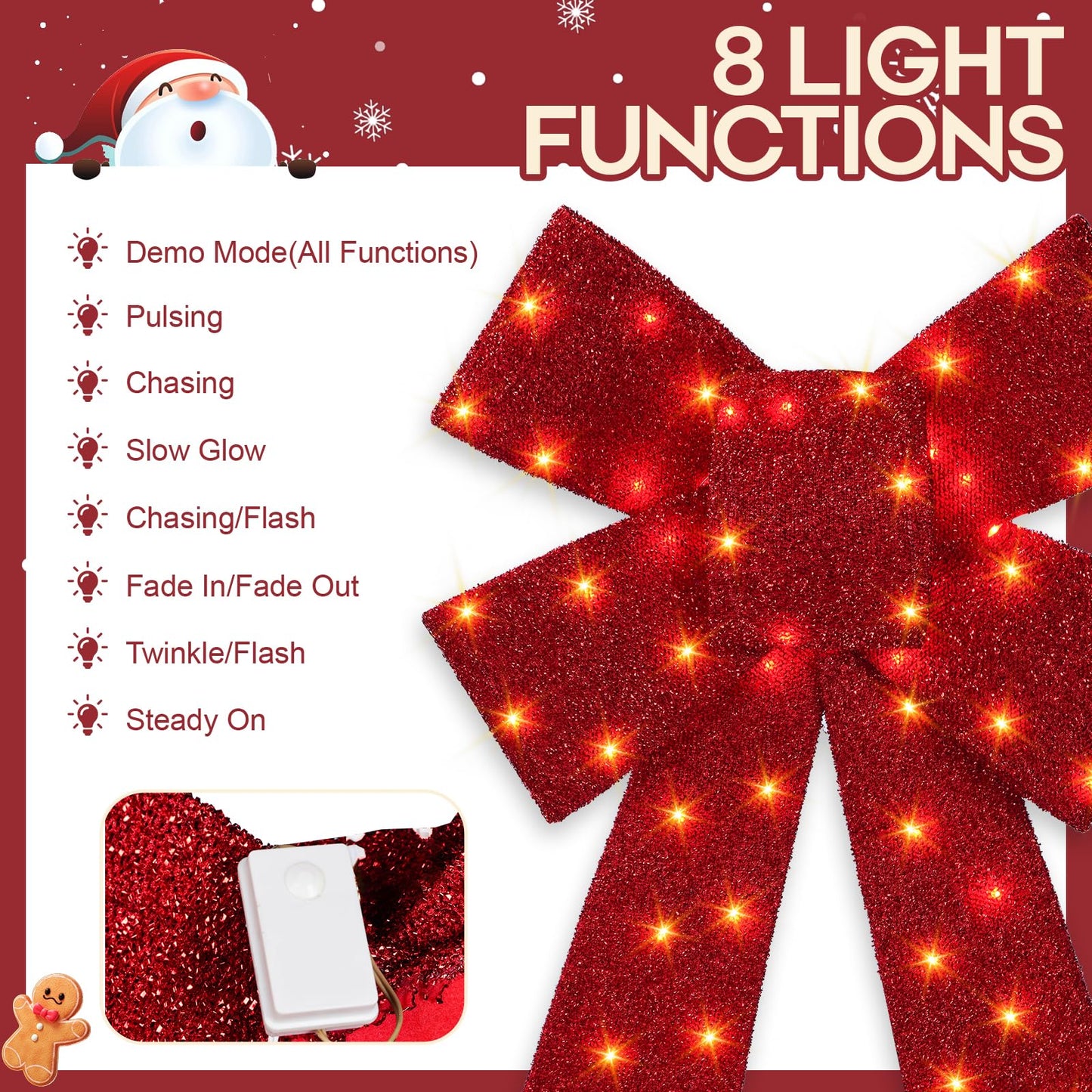 30 Inch Lighted Christmas Bow, 75 LED Pre-lit Outdoor Christmas Bow Decoration, Large Lighted Xmas Outdoor Bow for Front Door, Windows, Wall, Garage Decoration