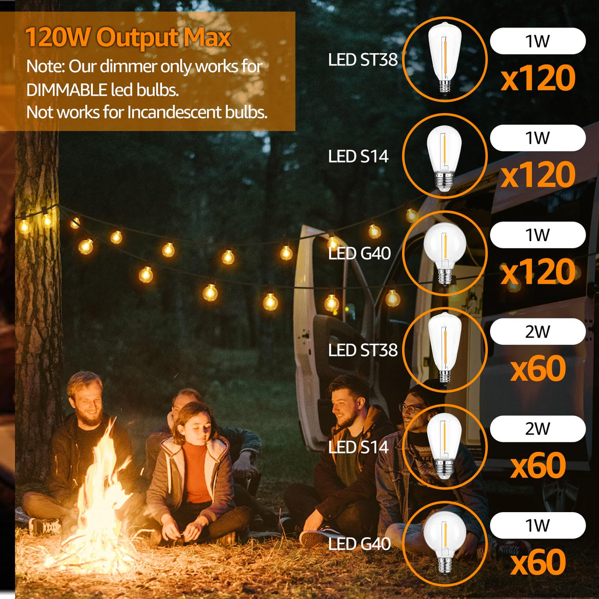 Larkvue 120W Outdoor Dimmer for String Lights with Remote, 4 Brightness, 3 Modes, Timer & Memory Function, Waterproof Plug Switch for S14/ST38/G40