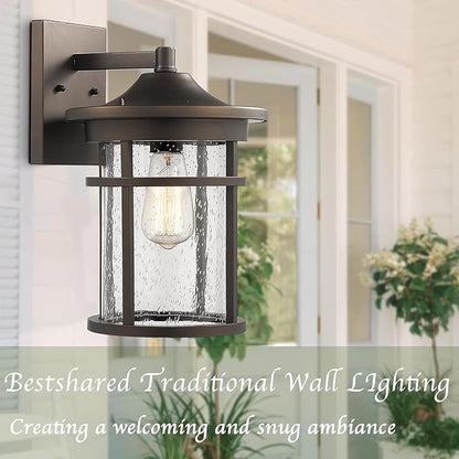 Bestshared Outdoor Wall Mount Light Fixture, Large Exterior Porch Wall Lantern, Outdoor Wall Light with Seeded Glass Shade (Oil Rubbed Bronze, 14" Height)