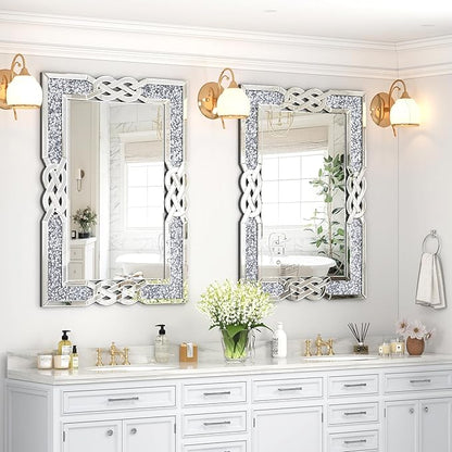 ENENE Crystal Crush Diamond Wall Mirror 39.5''x 27.5'' Rectangle Silver Mirrors for Wall Decorative Large Wall Mirrors for Bathroom Living Room Bedroom Entryway