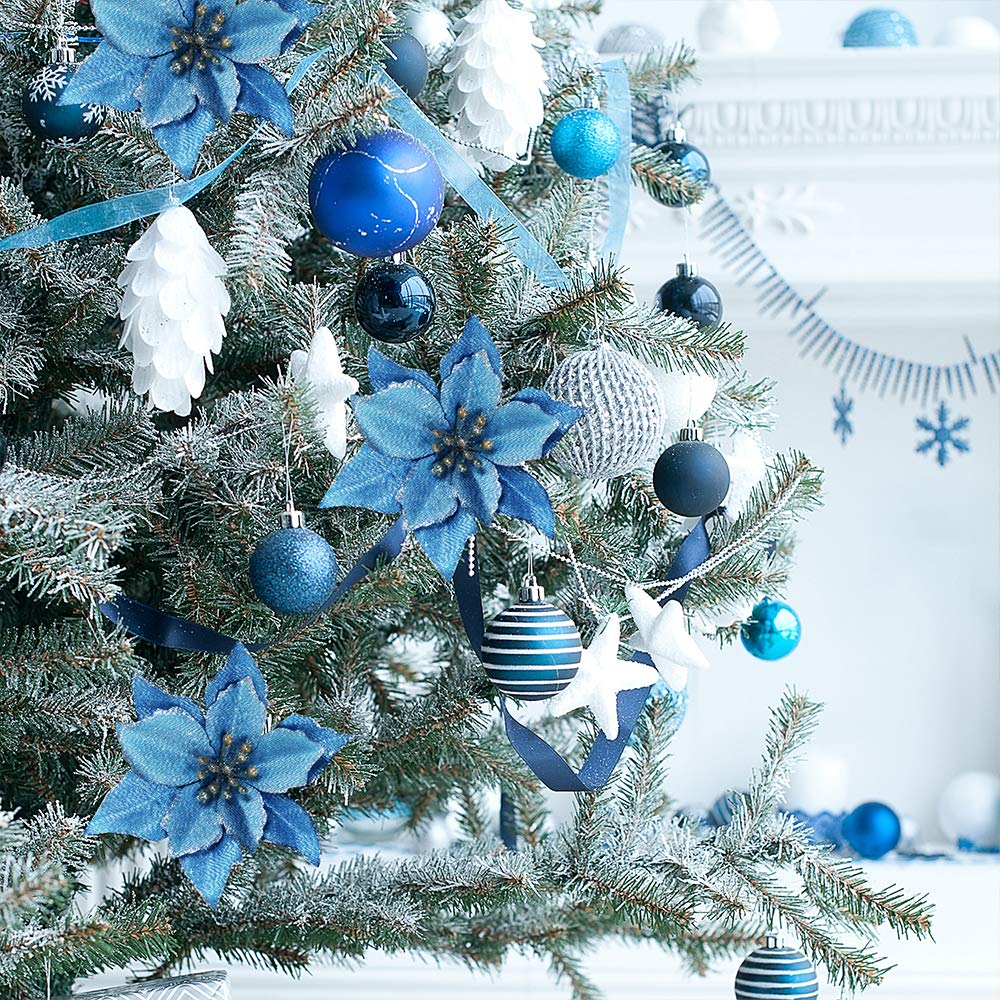 24 Set Christmas Blue Glitter Poinsettia Flowers Picks Christmas Tree Ornaments for Winter Blue Teal Christmas Tree Wreaths Garland Holiday Seasonal Wedding Decorations White Gift Box Included