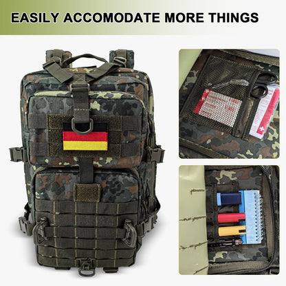 Hannibal Tactical MOLLE Assault Backpack, Tactical Backpack Military Army Camping Rucksack, 3-Day Pack Trip w/USA Flag Patch, D-Rings, Flecktarn