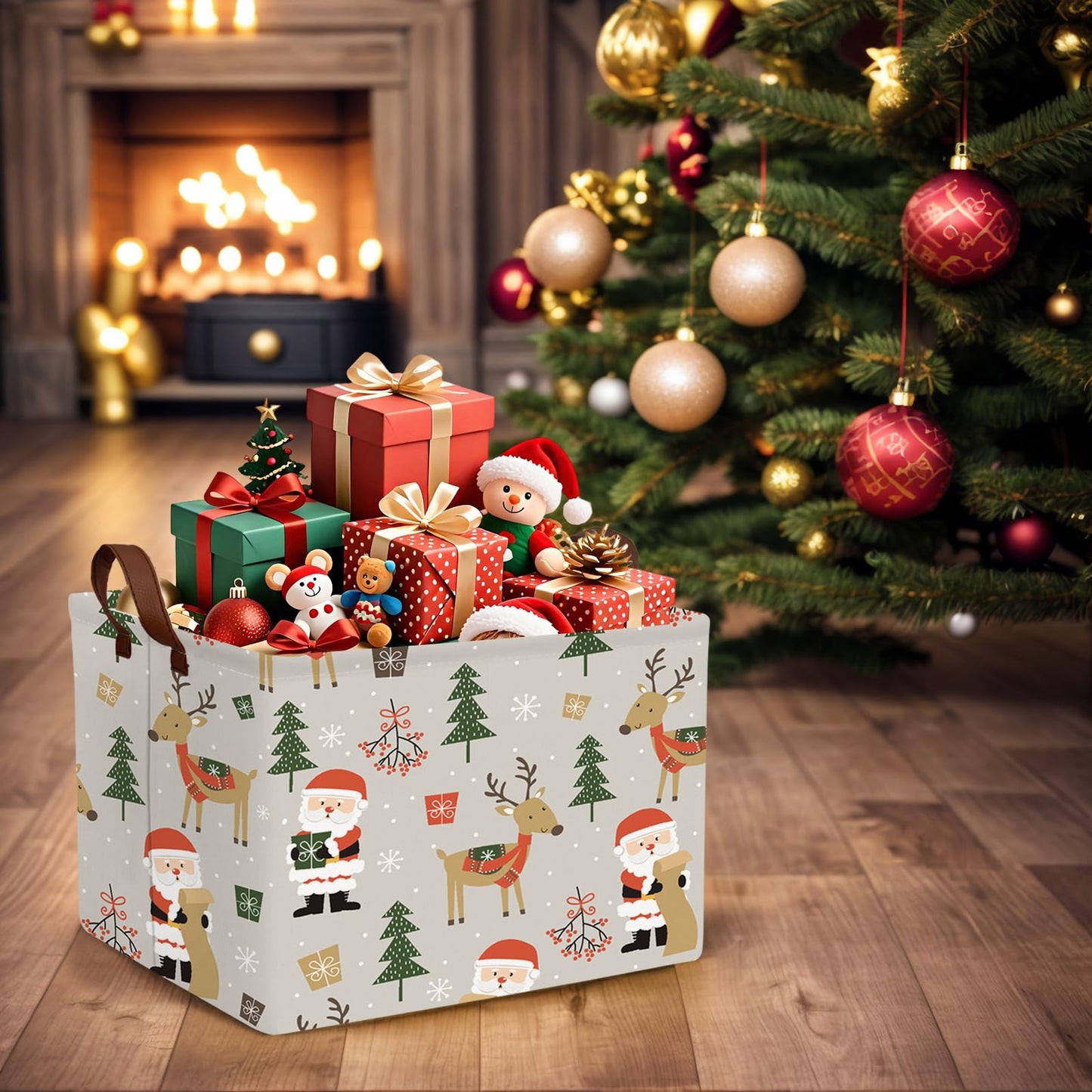 NIETEIN Large Kids Christmas Holiday Gift Empty Baskets Collapsible Families Holiday Storage Bin with Handle (Santa Claus Deer)