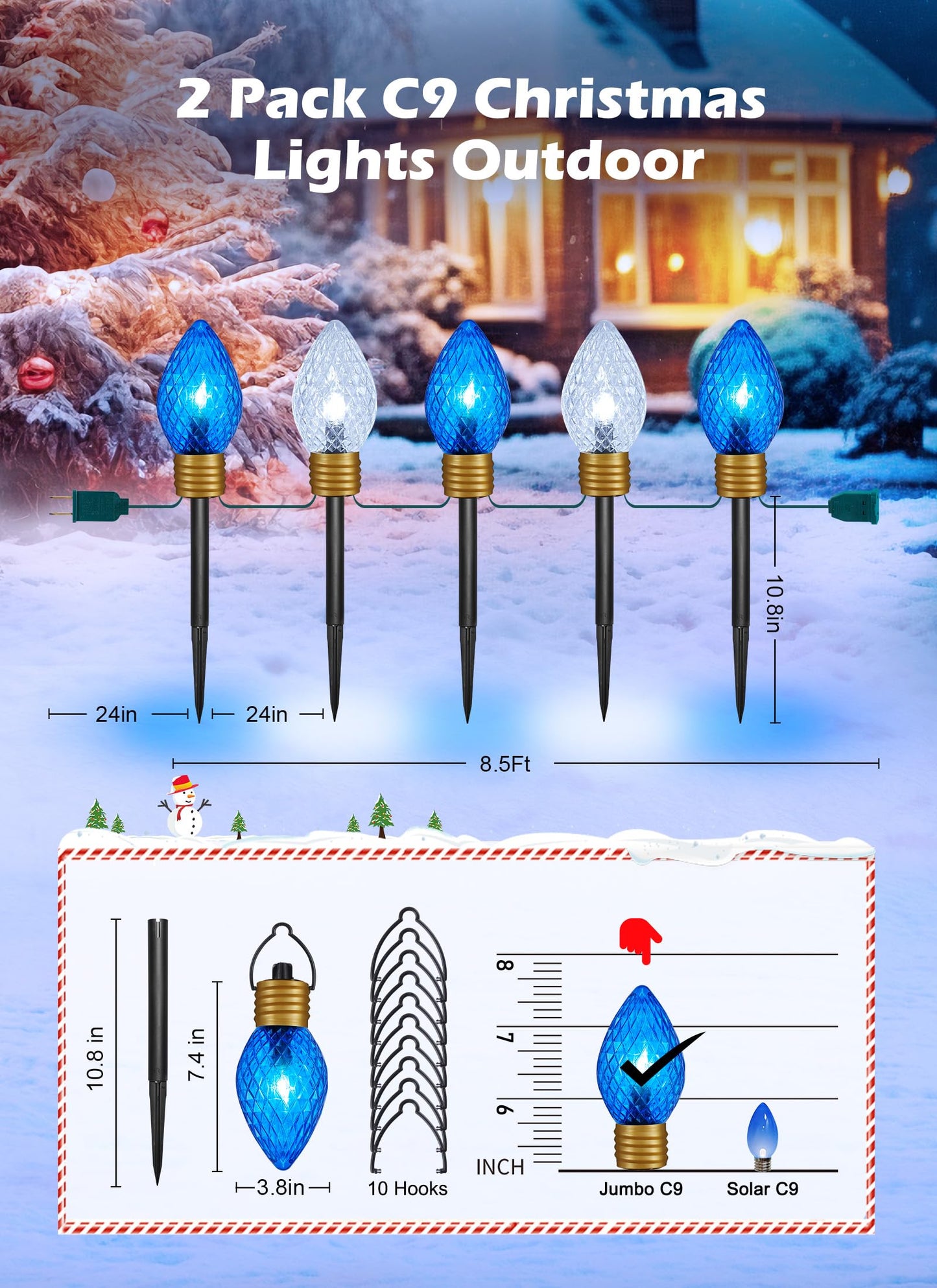 Brightown 2 Pack Jumbo Christmas Pathway Lights Outdoor - 10.5 Feet 5 LED C9 Walkway Light, Covered Jumbo Strawberry Bulb Decorations for Lawn Outside, Blue ＆ White