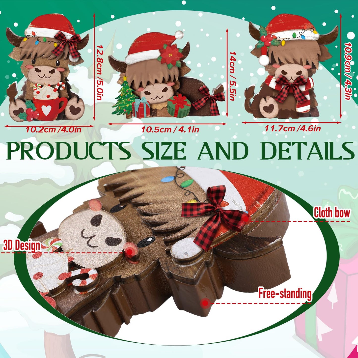 GlikCeil 3 Pcs Christmas Highland Cow Wooden Table Decorations Centerpiece Block Christmas Highland Cow Tiered Tray Tabletop Sign for Office Dining Room Mantle Party Supplies Home