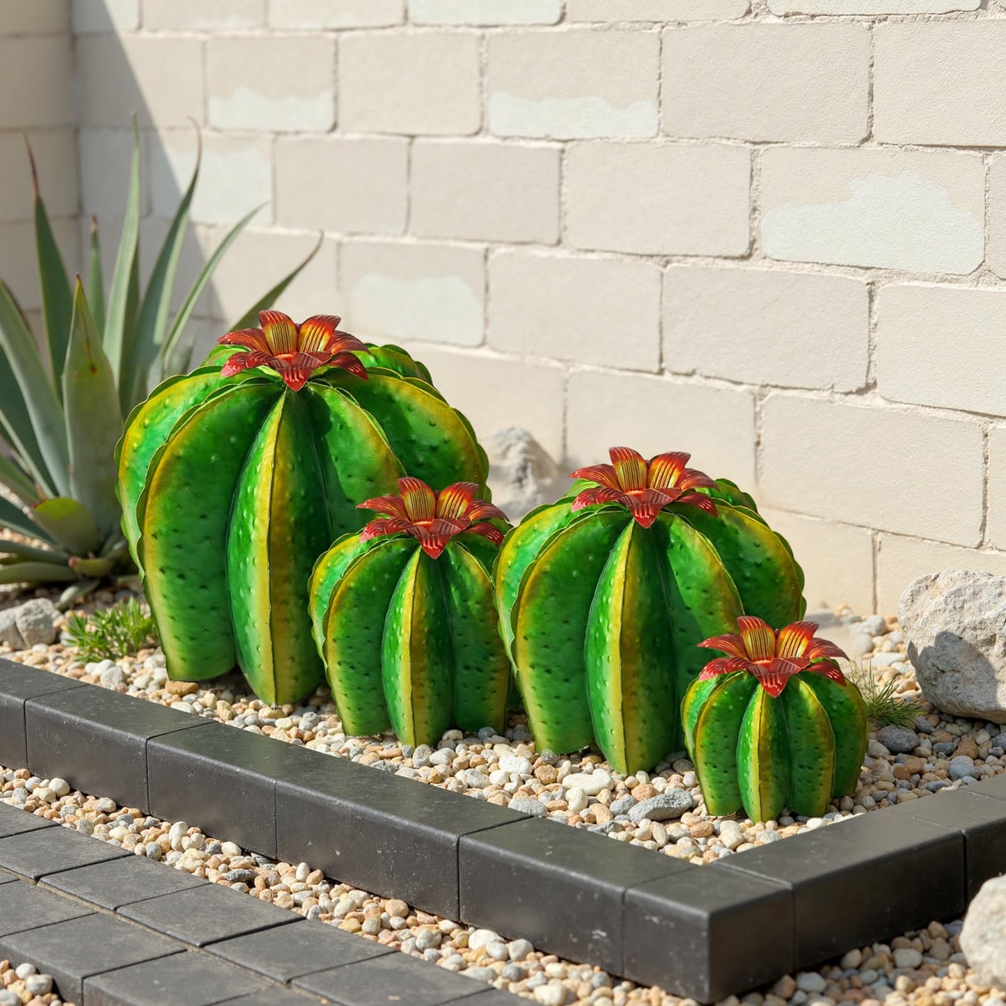 KODIBO Garden Statues, Metal Agave Plant with 4-Pack Artificial Barrel Cactus, Yard Sculpture for Outdoor Patio Lawn