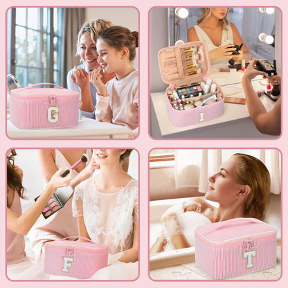 OCHEAL Makeup Bag for Women, Monogram Cosmetic Bag Pink Travel Makeup Case Beauty Toiletry Bag Organizer Personalized Gifts for Girls Bridesmaid, Sister, Wife, Friends Initial A