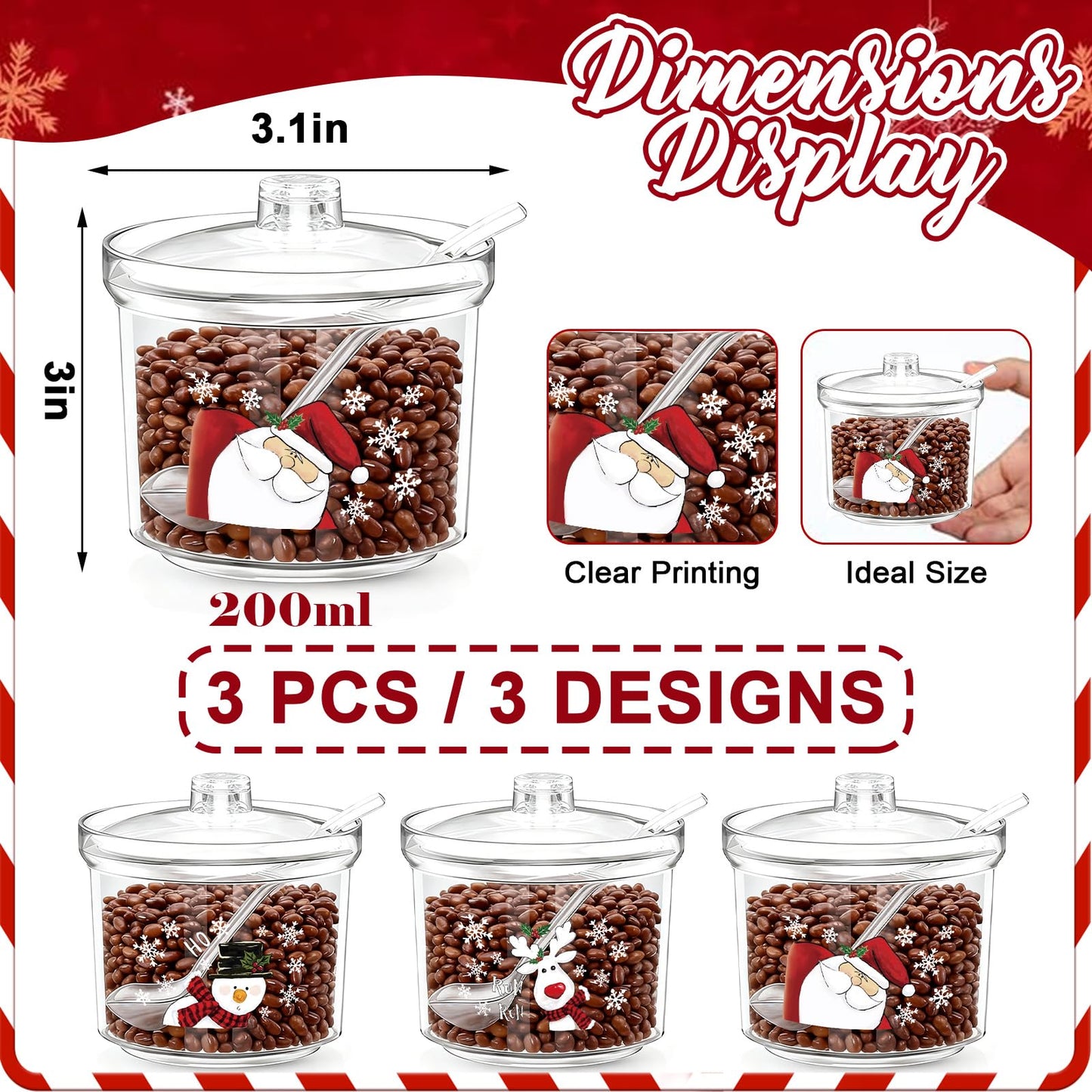 FYSUIMU 3Pcs Christmas Hot Cocoa Bar Supplies with Lid Spoon 6.8 Oz Acrylic Sugar Bowl Santa Snowman Reindeer Xmas Candy Jar Clear Kitchen Storage Container for Home Coffee Bar Holiday Party