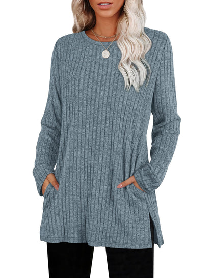 SAMPEEL Womens Sweaters Crewneck Long Sleeve Shirts with Pockets Fall Outfits 2025 Fashion Winter Clothing Side Slit
