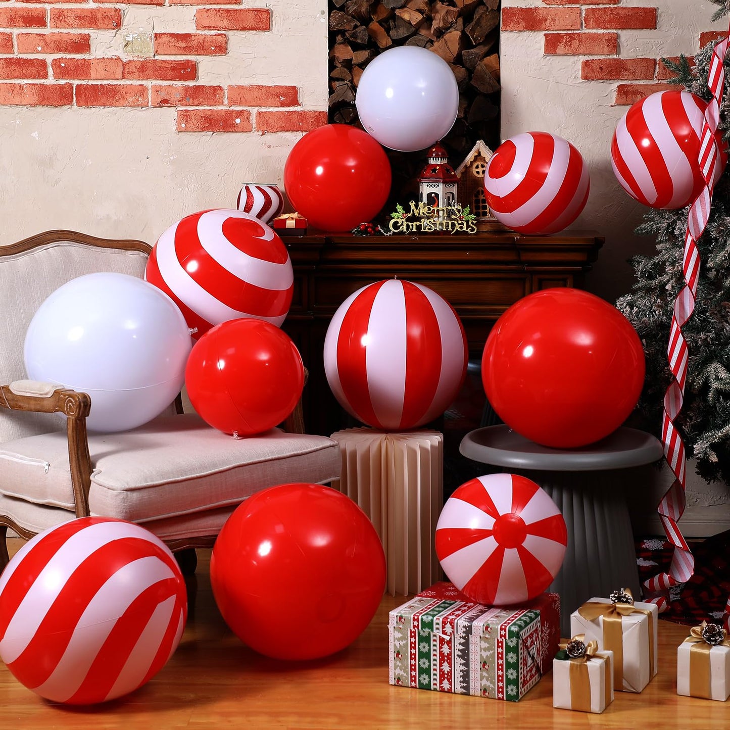Jetec 12 Pcs 24 Inch 16 Inch Giant Inflatable Christmas Balls Ornaments Large PVC Inflatable Ball Decorations for Xmas Tree Holiday Yard Lawn Porch Outdoor(Red, White,Classic Candy Cane)