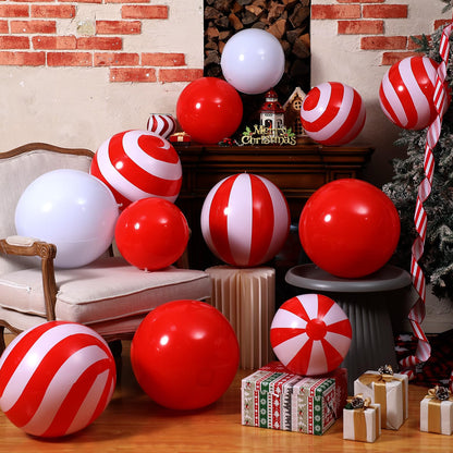 Jetec 12 Pcs 24 Inch 16 Inch Giant Inflatable Christmas Balls Ornaments Large PVC Inflatable Ball Decorations for Xmas Tree Holiday Yard Lawn Porch Outdoor(Red, White,Classic Candy Cane)