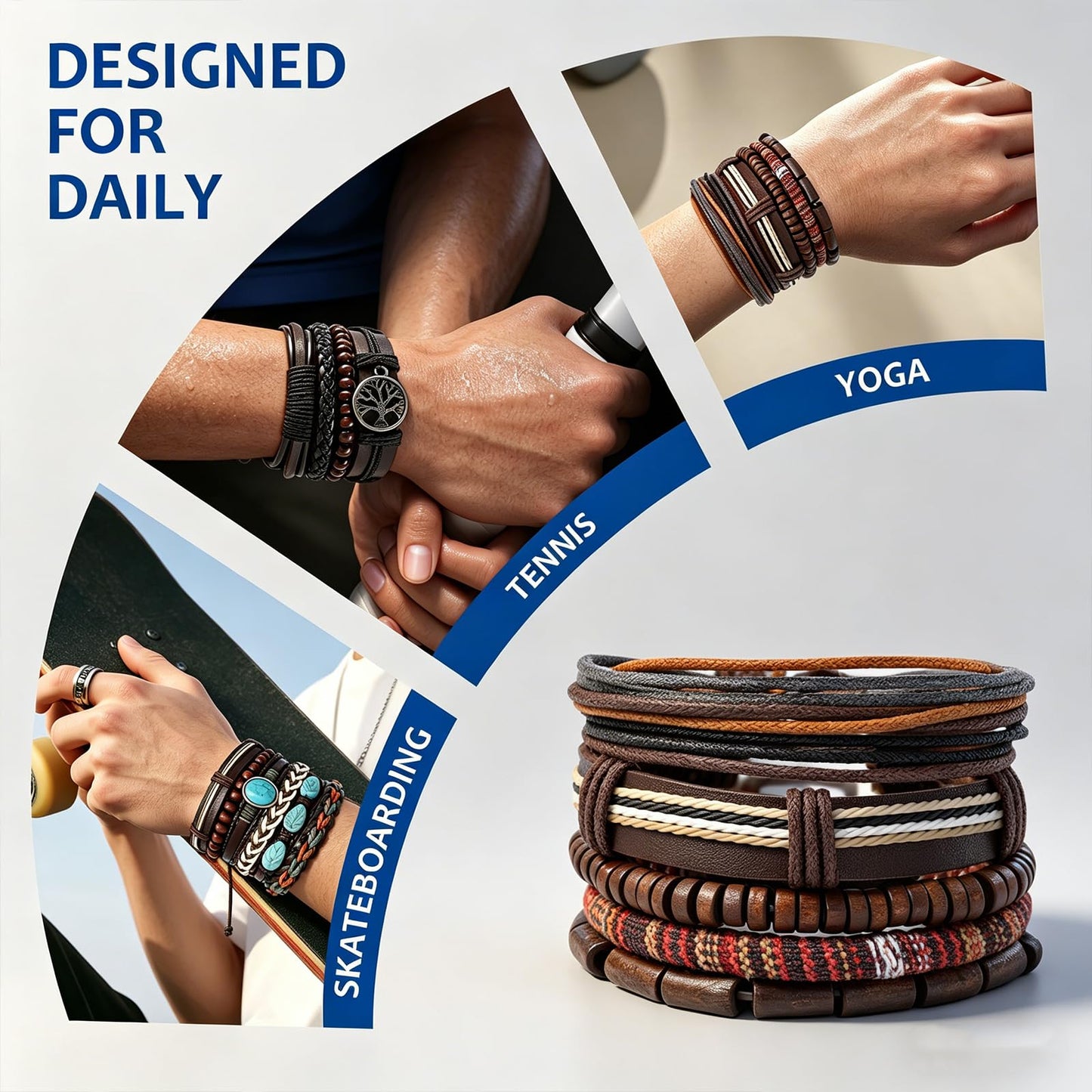 JAVMOO 45 Pcs Wooden Bead Bracelets for Men Women, Boho Multiple Sets Leather Wrap, Hemp Cords, Stack Wood Beads, Ethnic Tribal Cuff Jewelry Wristbands