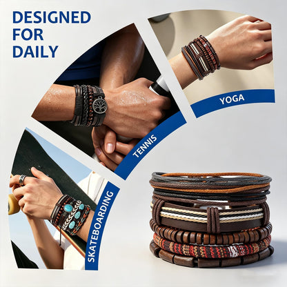 JAVMOO 45 Pcs Wooden Bead Bracelets for Men Women, Boho Multiple Sets Leather Wrap, Hemp Cords, Stack Wood Beads, Ethnic Tribal Cuff Jewelry Wristbands