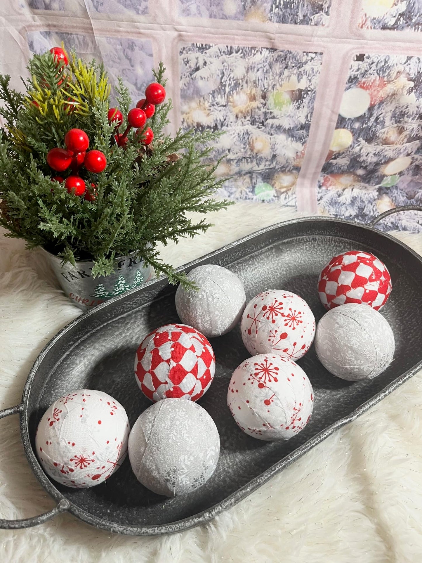 Snowflake, Grey, and Argyle Patterns set of 8 Fabric Wrapped Christmas Balls – 2.5” Styrofoam Winter Décor – Rustic Farmhouse Bowl Filler
