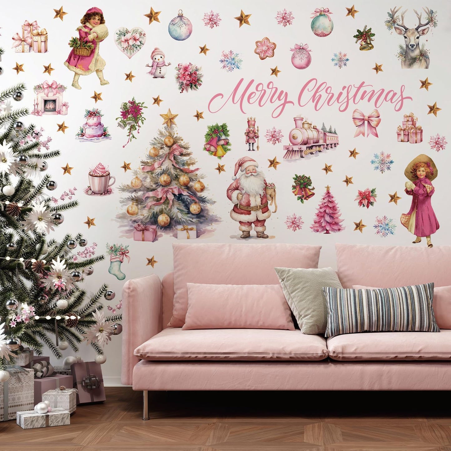 Pink Christmas Wall Decal Merry Christmas Wall Sticker Removable Christmas Tree Santa Girl Wall Decals Decor for Winter Christmas Holiday Party Supplies Home Window Decor