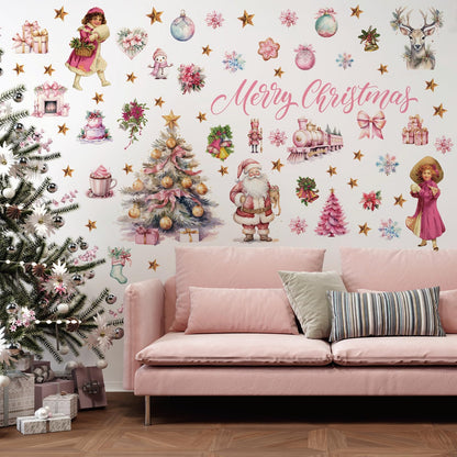 Pink Christmas Wall Decal Merry Christmas Wall Sticker Removable Christmas Tree Santa Girl Wall Decals Decor for Winter Christmas Holiday Party Supplies Home Window Decor