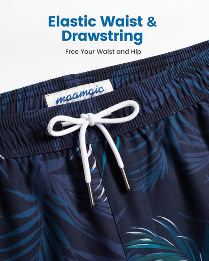 maamgic Mens Swim Trunks with Compression Liner 5 Inch, Quick Dry Bathing Suit with Zipper Pockets, Stretch No-Chafing Swim Shorts, Navy-Pink Leaf Silhouette X-Large