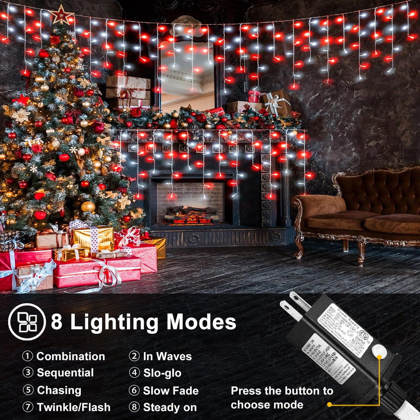 99ft Red and White Christmas Lights, 1216 LED Icicle Lights for Outside, Clear Wire Twinkle Light with 8 Modes Timer Waterproof for House Window Party Tree Holiday Patio Yard Home Decoration