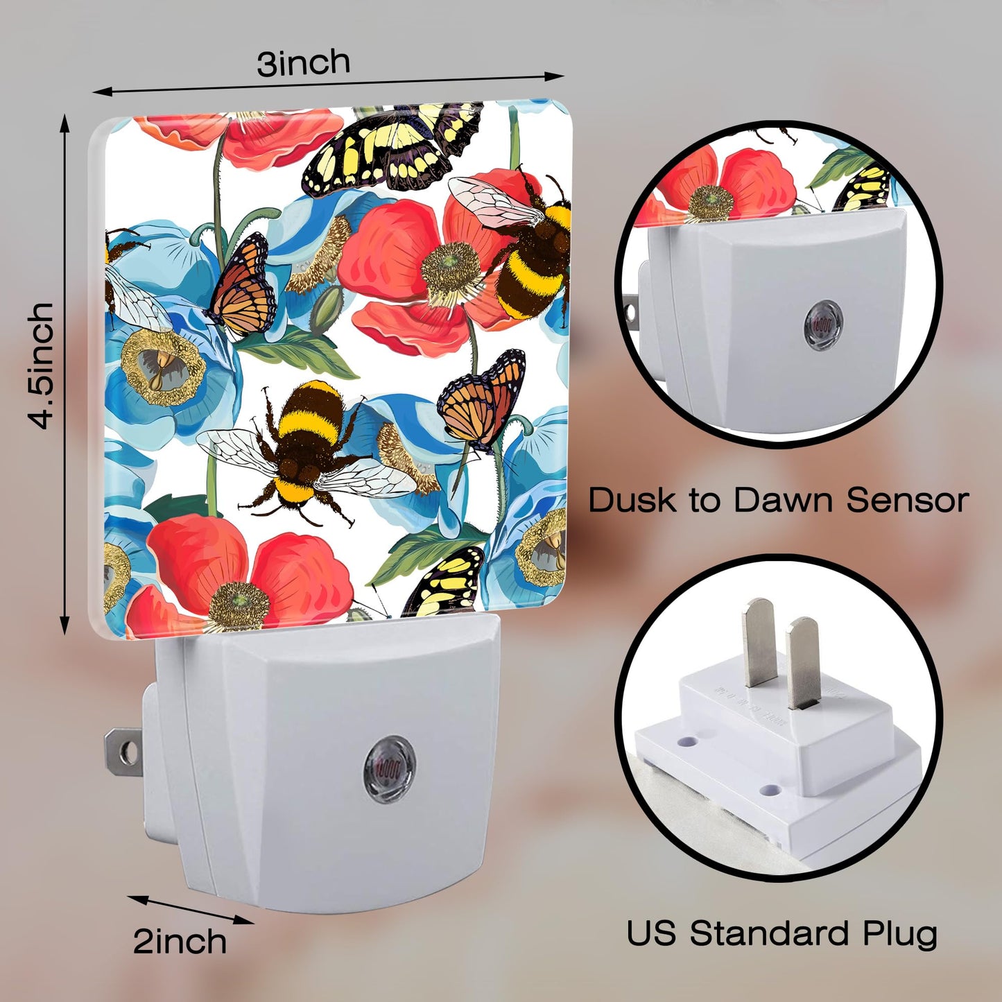 Red Poppy Flowers with Bee Butterflies Night Light for Kids,Bright Floral Insects Night Light Plug in with Dusk to Dawn Sensor,0.5w Energy Saving Nightlight for Hallway Stairway Kitchen Bedroom