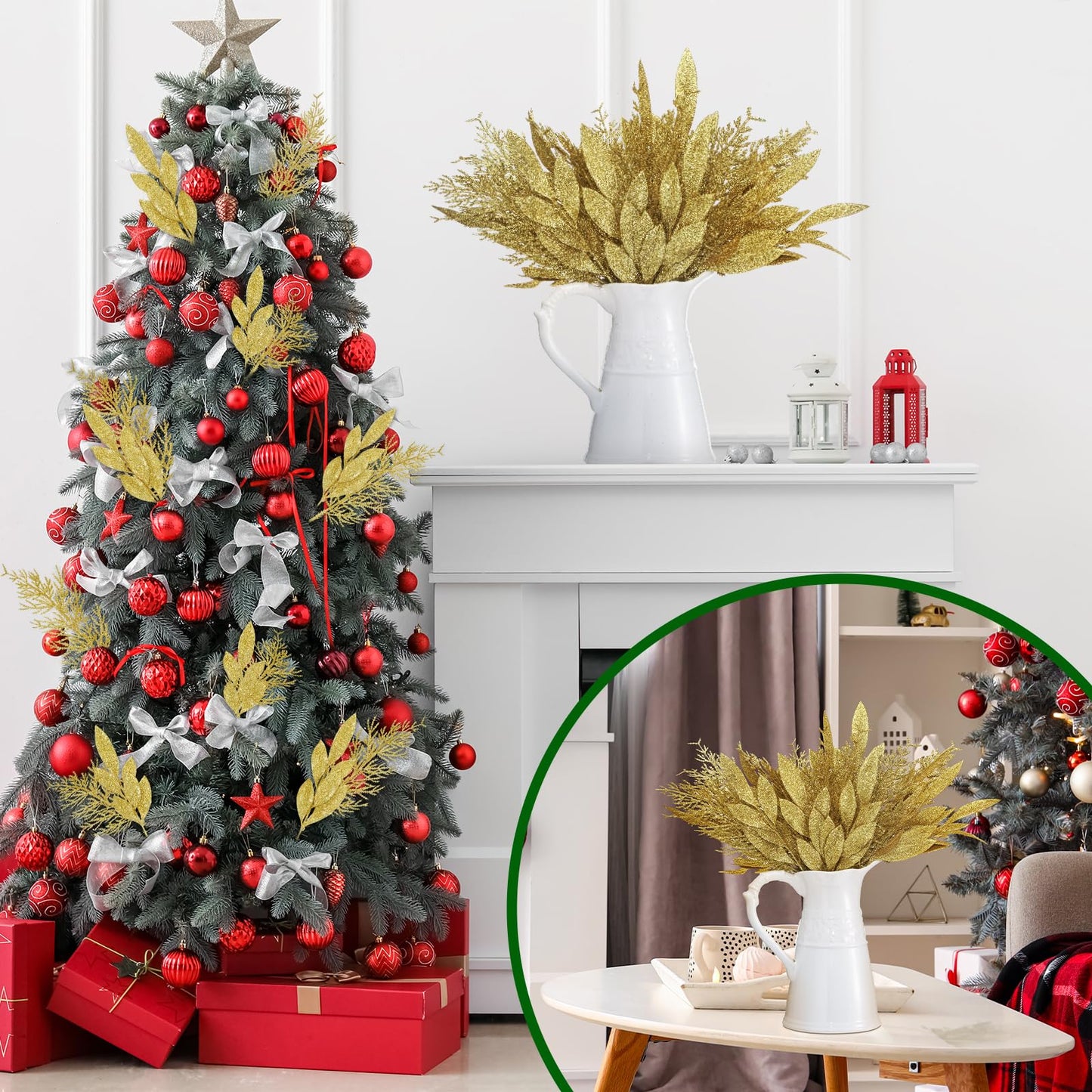 Hoteam 30pcs Gold Christmas Picks Glitter Bay Leaf Ornaments Velvet Gold Glittered Cedar Picks Faux Winter Floral Stems for Xmas Tree Wreaths Centerpieces Holiday Seasonal Wedding Decoration