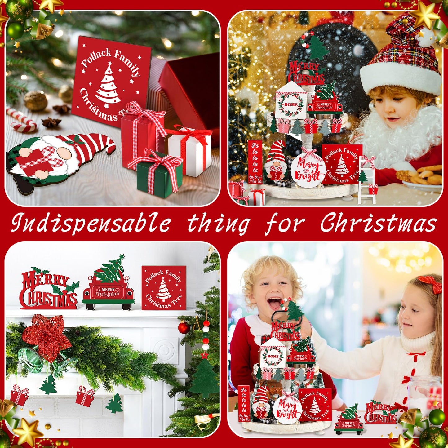 18 Pcs Christmas Tiered Tray Decor Gnome Santa Wood Sign Xmas Tree Table Centerpiece Farmhouse Rustic Table Decor for Winter New Year Home Tabletop