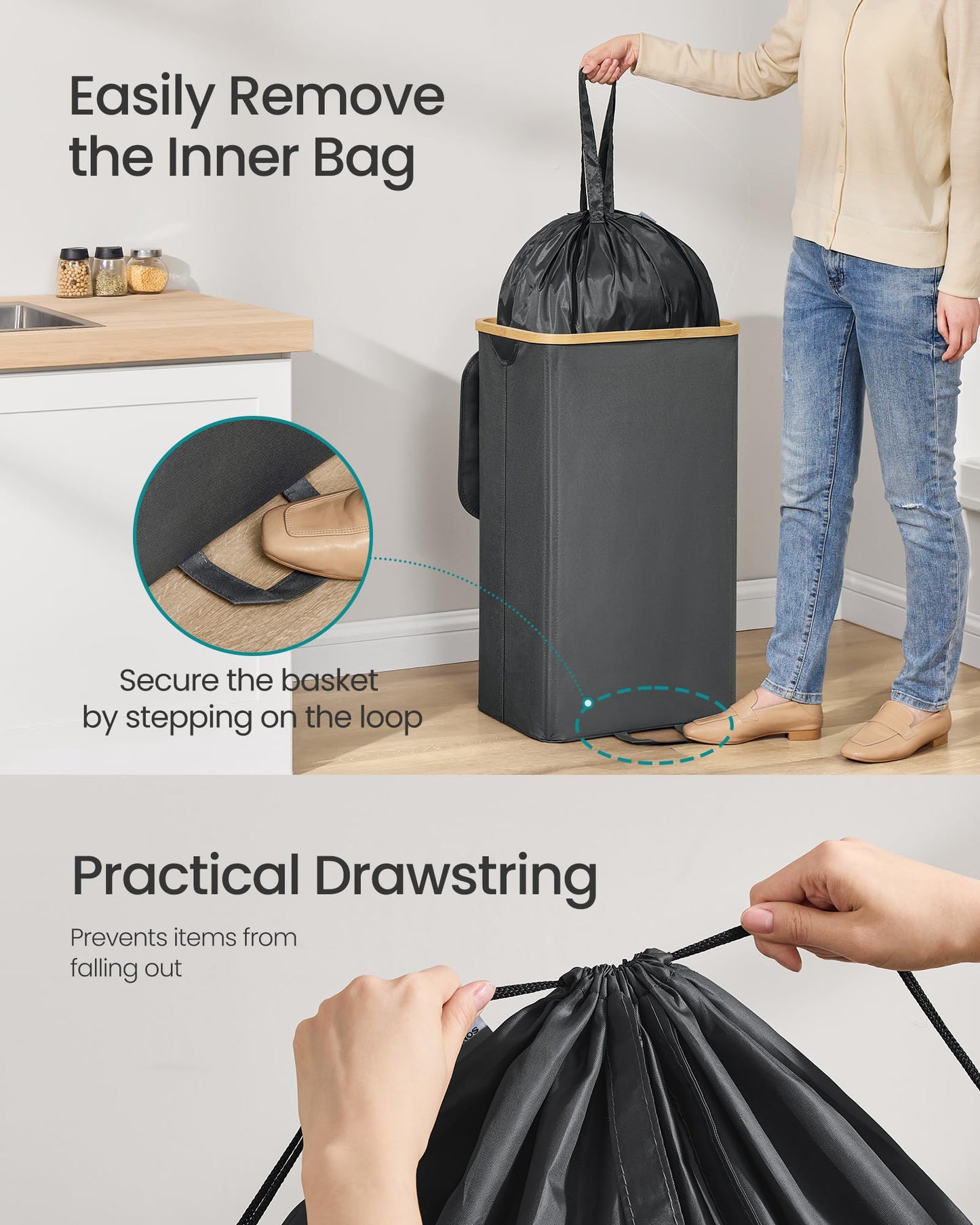 SONGMICS Recycling Bin for Kitchen 26.4 Gallon. Bottle Recycling Container, Collection Bin, for Metal, Plastic, Paper, Glass, Inner Bag with Handles, Kitchen, Slate Gray and Natural Beige URRB509G01