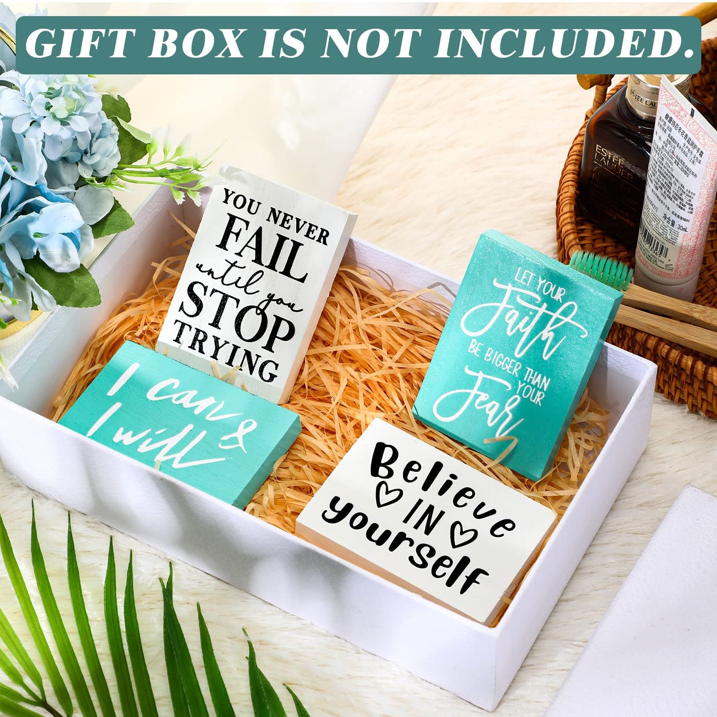 Yulejo 9 Pieces Mini Inspirational Desk Decor Motivational Quotes Wooden Signs Positive Office Desk Decor Bathroom Shelf Decoration Cheer up Gifts for Women Office, 3.5 x 2.5 Inch (White, Green)