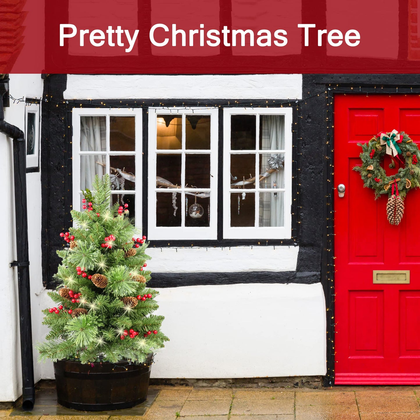 Christmas Tree 30 inch Prelit 2 Set Pathway Porch Christmas Trees Pre-Light LED Battery Operated Outdoor Xmas Decor for Entrance Driveway, Yard, Garden, Red Berries, Pine Cones