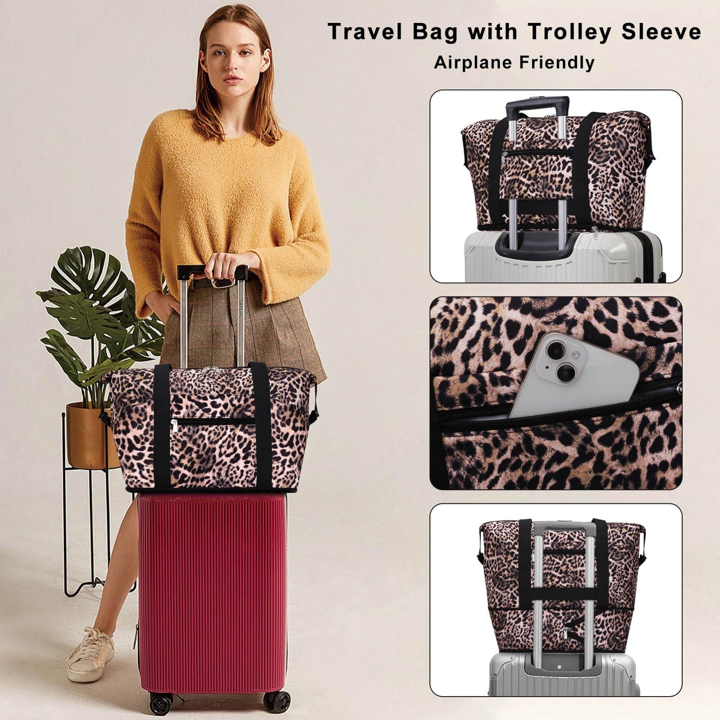 HAWEE Expandable Duffel Bag for Women with Trolley Sleeve and Wet Pocket Water Repellent Weekender Travel Tote Large Capacity Carry On Overnight Luggage, Leopard