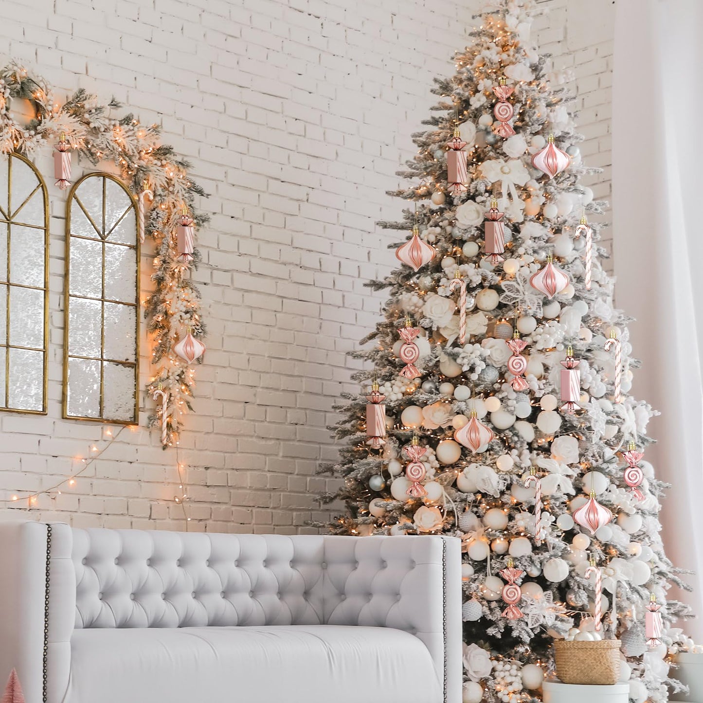 Aoriher 24 Pcs Christmas Candy Cane Ornament Pink Plastic Peppermint Candy Christmas Decorations Rose Gold Xmas Hanging Lollipop Pattern Decorations with Rope for Xmas Holiday Festival Decor