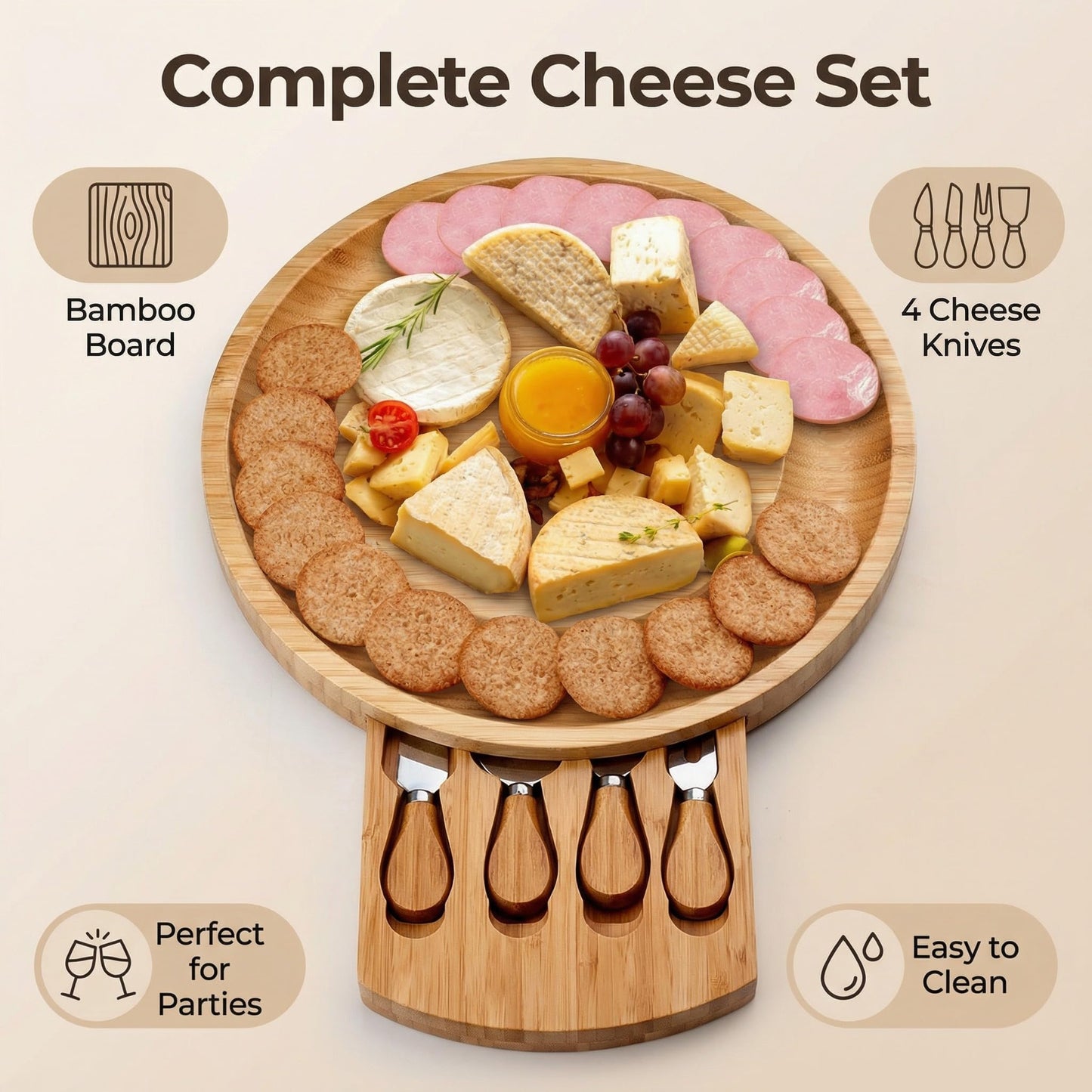 Charcuterie Boards Gift Set - Premium Bamboo Cheese Board Set with 4 PCS Knife Set, Serving Plates Housewarming, Wedding,Christmas Charcuterie Board, Hostess Gifts